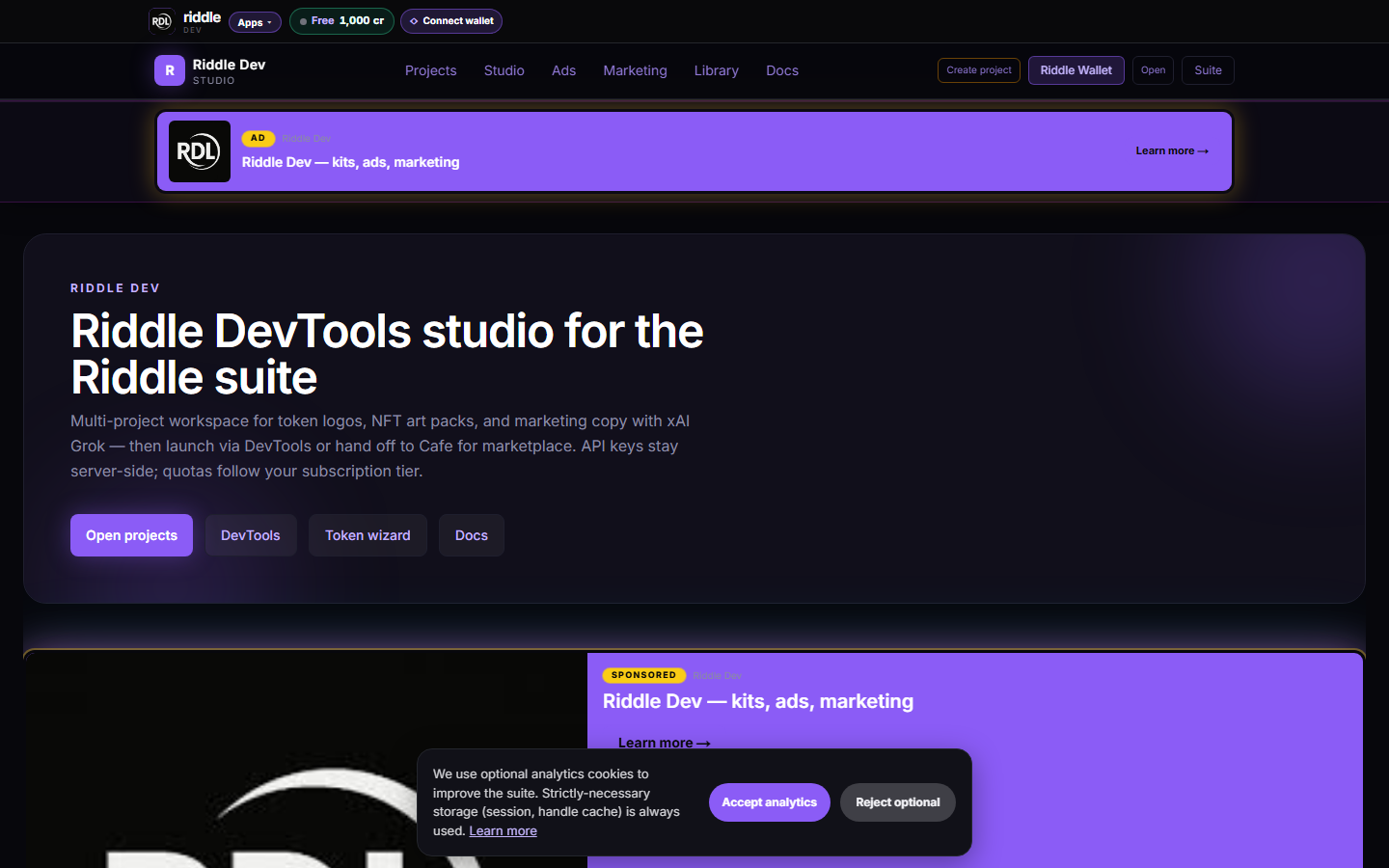 Live production screenshot of Riddle Dev